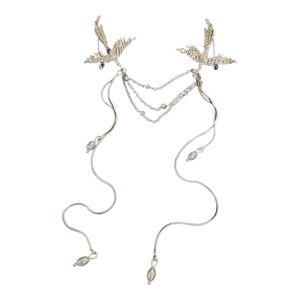 NEW Dual Phoenix Brooch | Silver-tone |Long Tassel Chainlink & Imitation Pearl